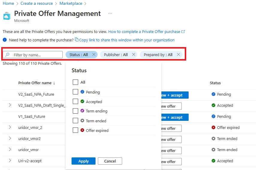 Screenshot showing status filter within private offer management.