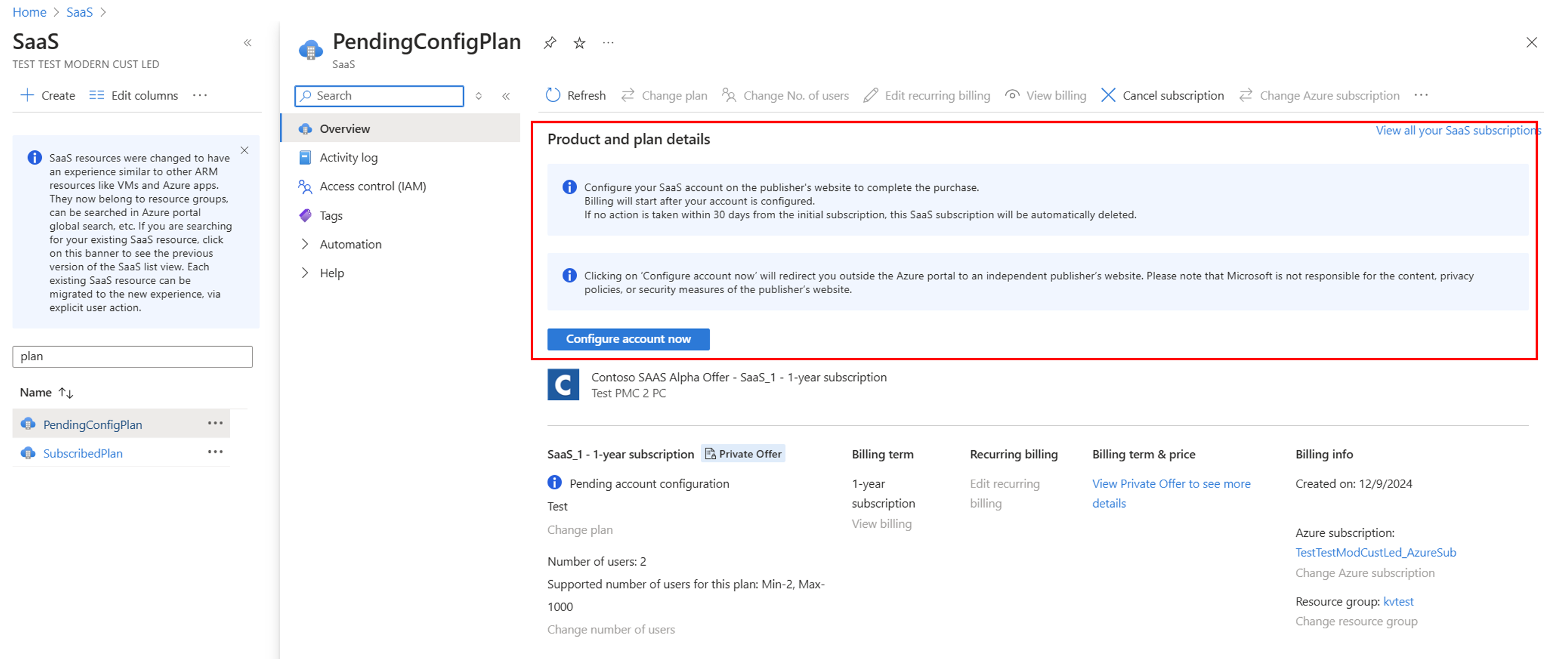 Снимок экрана предложения SaaS, детализация продукта и плана с активной кнопкой