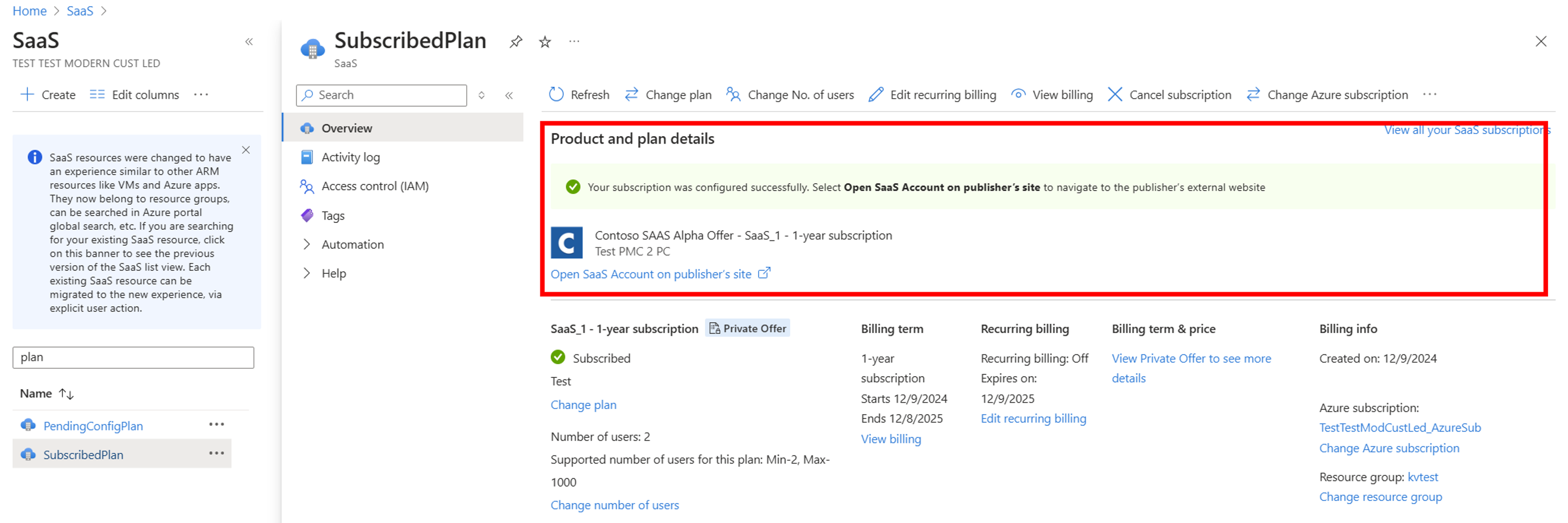 Скриншот предложения SaaS с деталями продукта и плана, показывающий статус
