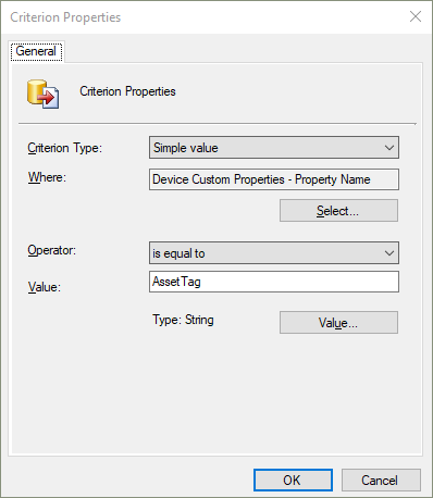 Критерий окно свойств для свойства PropertyName для пользовательских свойств устройства.