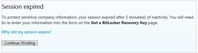 Страница сеанса портала самообслуживания BitLocker истекла
