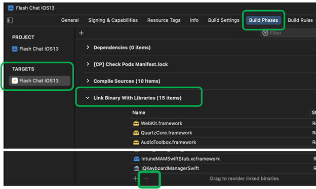 Снимок экрана, на котором показано, как удалить платформы в link binary with Libraries in Xcode на устройстве macOS.