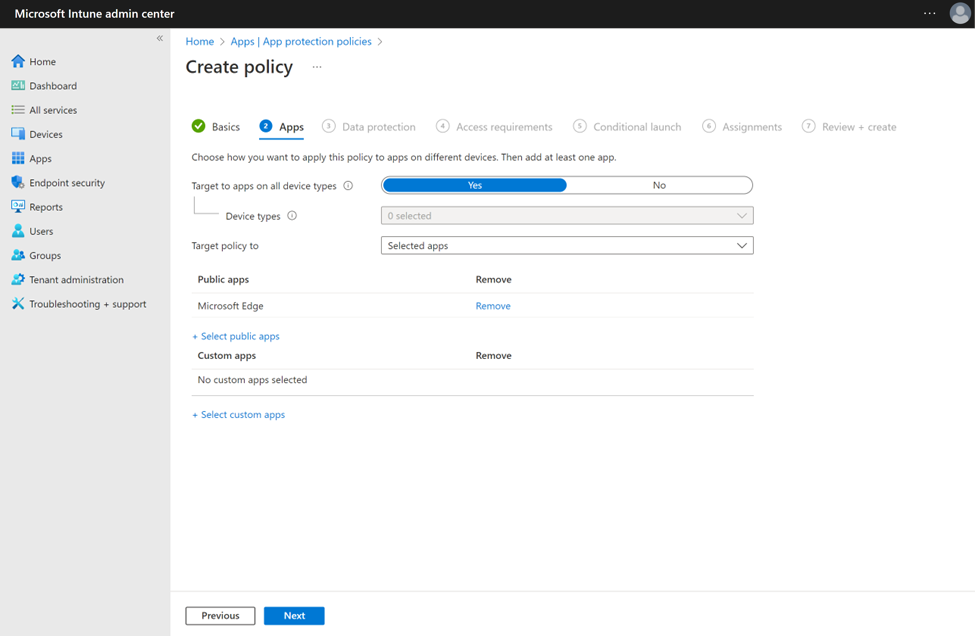 Снимок экрана: настройка политики защиты приложений с помощью Microsoft Edge в качестве общедоступного приложения.