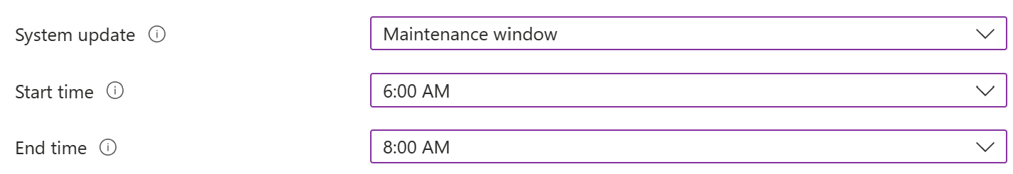 Снимок экрана: параметр обновления системы с периодом обслуживания для устройств Android Enterprise в центре администрирования Microsoft Intune.