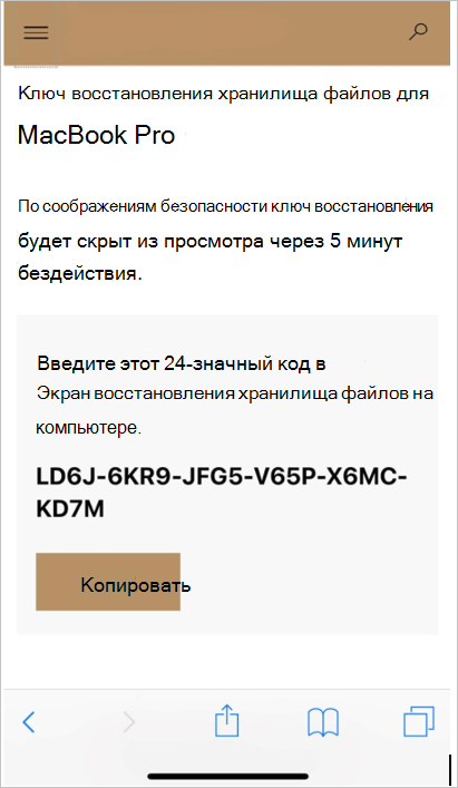 Снимок экрана: веб-сайт Корпоративный портал с ключом восстановления.