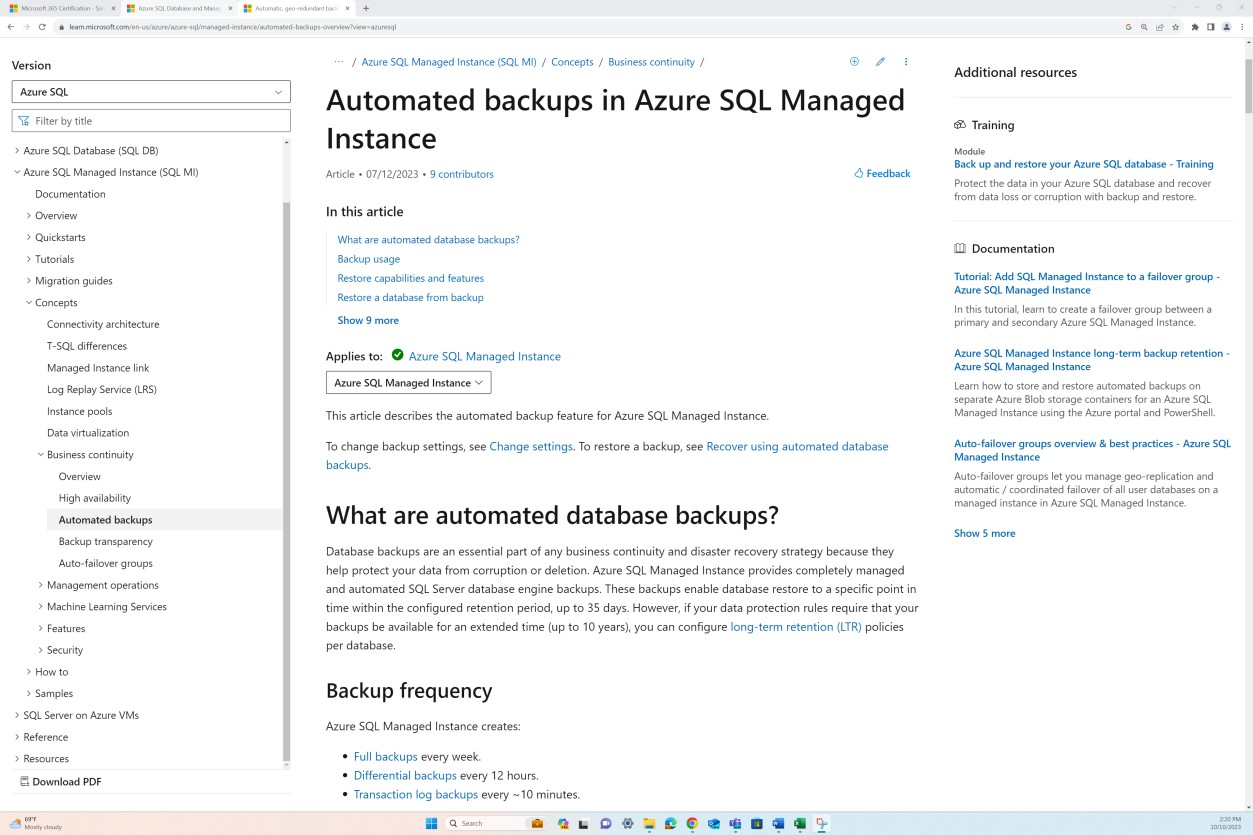 learn.microsoft.com документе о политике SQL Azure.