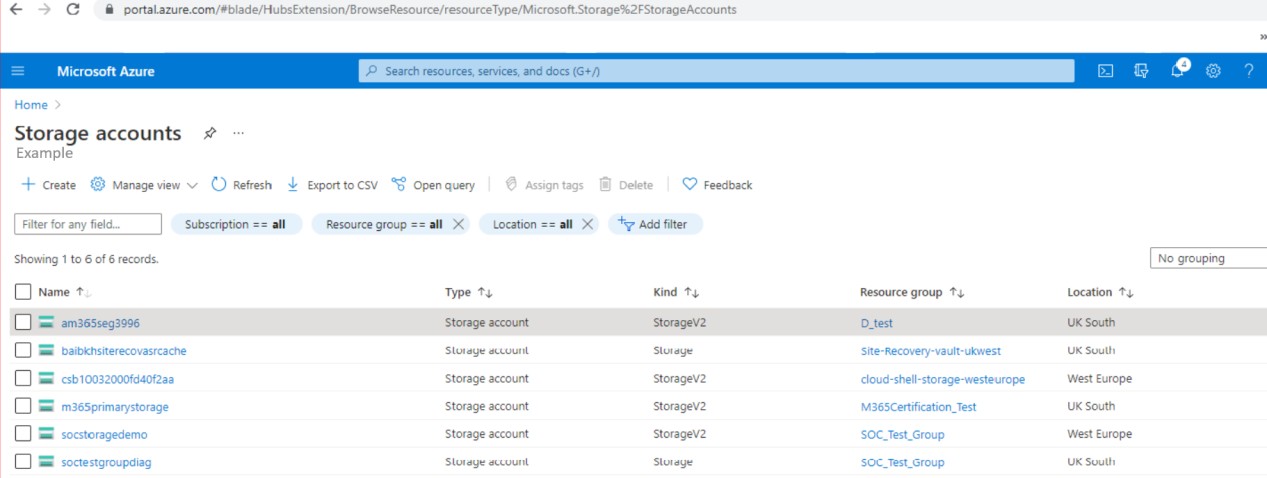 Страница учетных записей хранения Microsoft Azure.