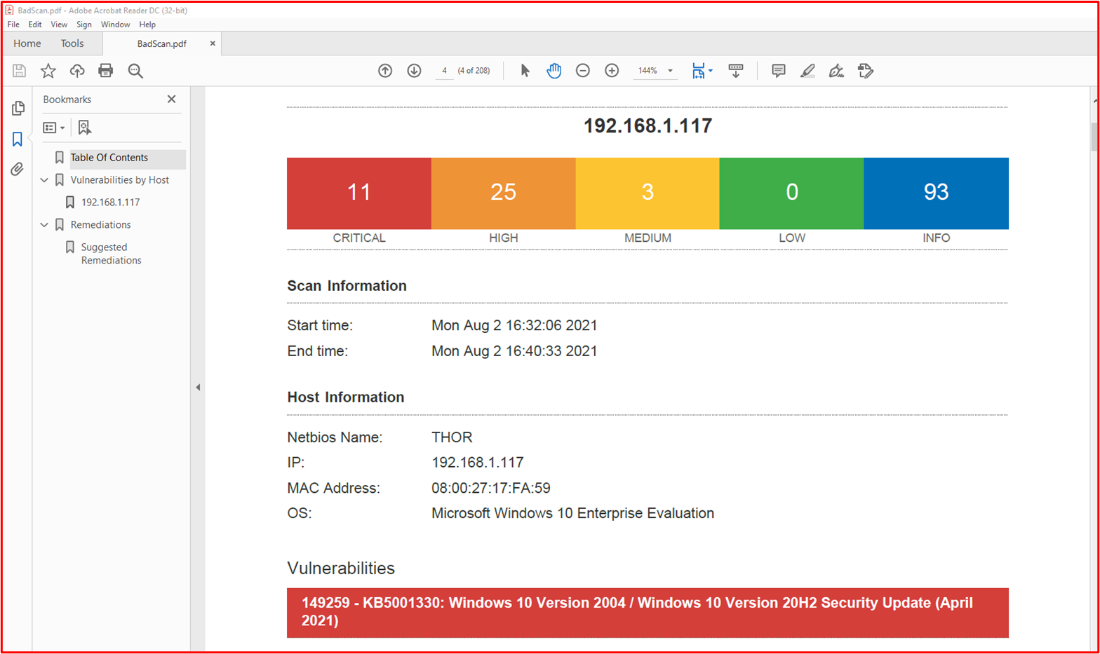 Снимок экрана: проверка Nessus среды в область (в этом примере один компьютер с именем THOR) с уязвимостями 2 августа 2021 г.