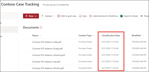 Снимок экрана: библиотека документов со столбцом Дата классификации.