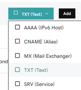 Выберите TXT в раскрывающемся списке Тип для записи TXT проверки домена.