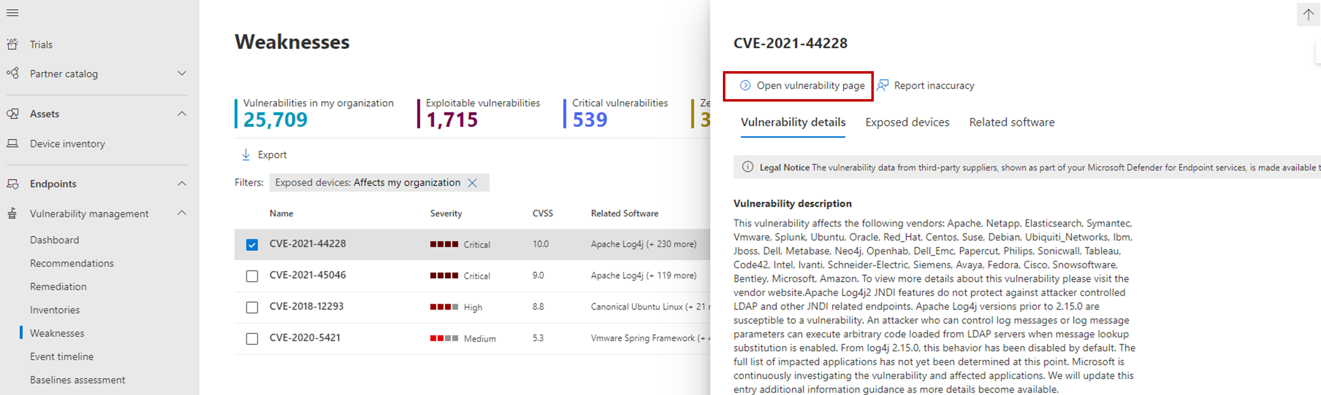 Снимок экрана: страница уязвимостей на панели мониторинга управления уязвимостями.