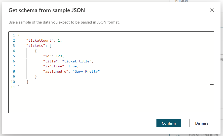 Снимок экрана получения схемы из примера редактора JSON.