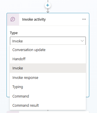 Снимок экрана, на котором показан узел действия Invoke с раскрывающимся списком «Тип».