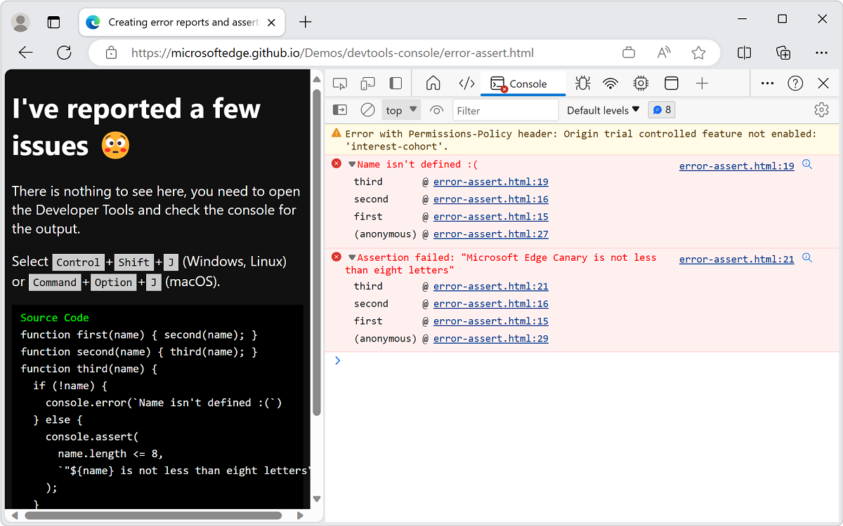 Исправление ошибок JavaScript, сообщаемых в консоли - Microsoft Edge  Developer documentation | Microsoft Learn