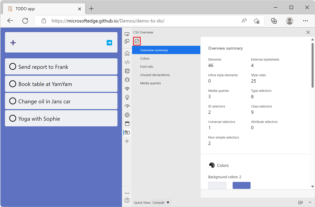 Microsoft Edge с демонстрационной версией списка задач и средствами разработки рядом с ним, где отображается отчет обзор CSS с кнопкой Очистить обзор в верхней части экрана.