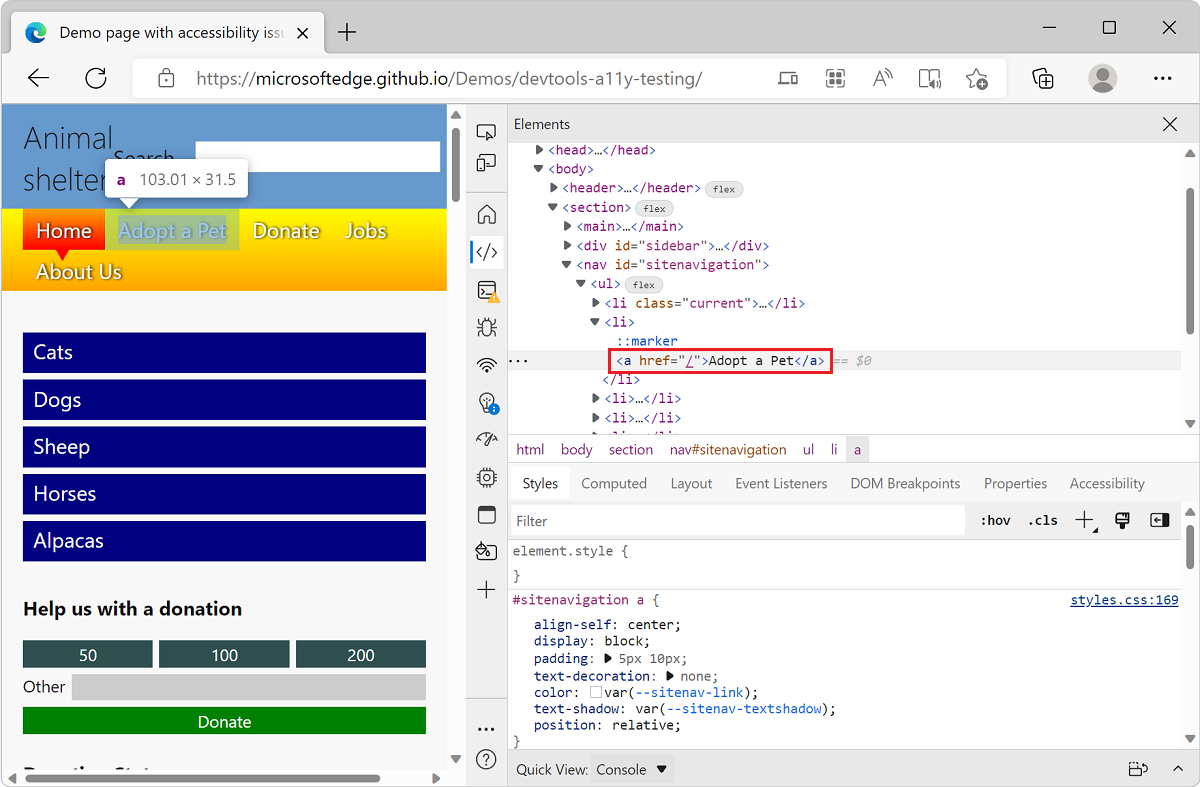 Microsoft Edge с демонстрационными приложениями списка TODO и Средствами Разработки, показывающими инструмент Элементы, с выбранным элементом проблемы цветовой контрастности