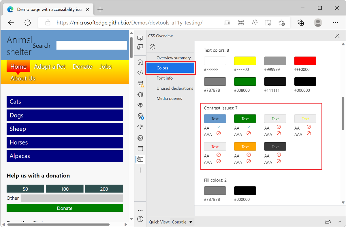 Microsoft Edge с демонстрационной версией приложения списка задач и средствами Разработки, показывающая список проблем с контрастностью в отчете Обзор CSS