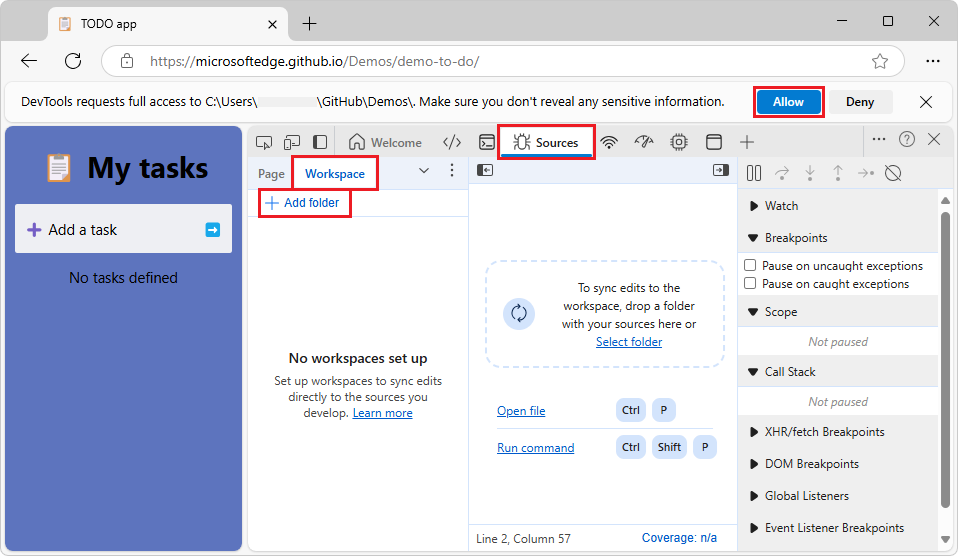 DevTools запрашивает доступ для добавления папки в рабочую область на вкладке Файловая система