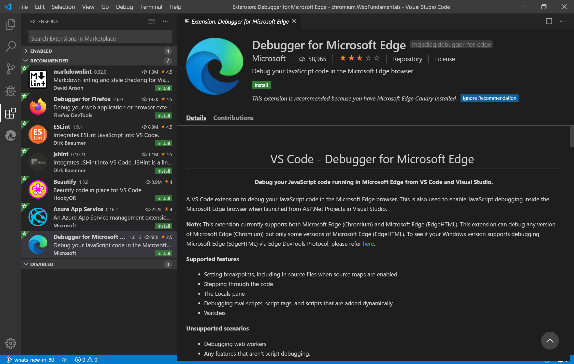 Расширение Отладчика для Microsoft Edge в Visual Studio Code