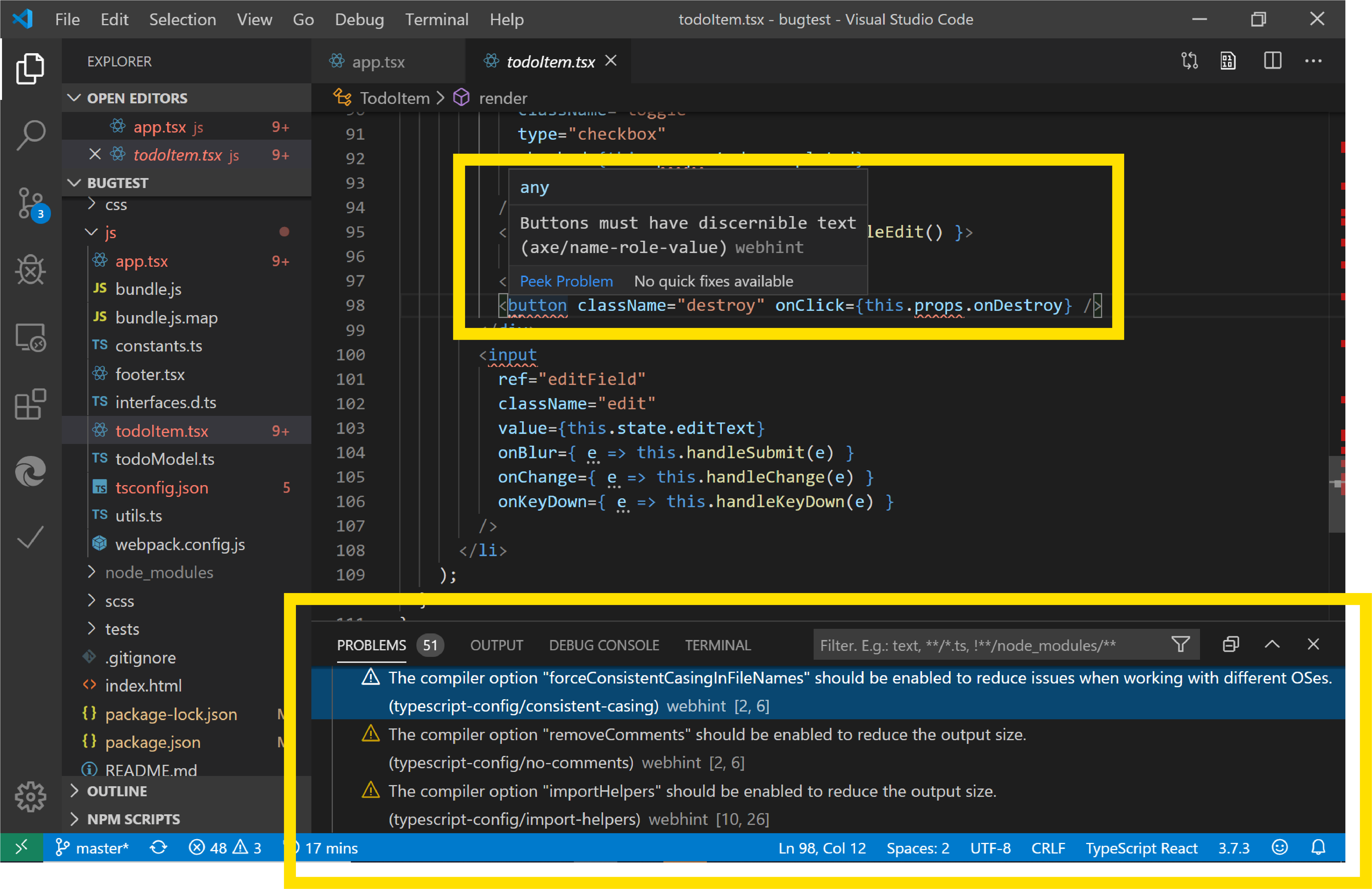 Расширение webhint Visual Studio Code анализирует TSX-файл в Visual Studio Code