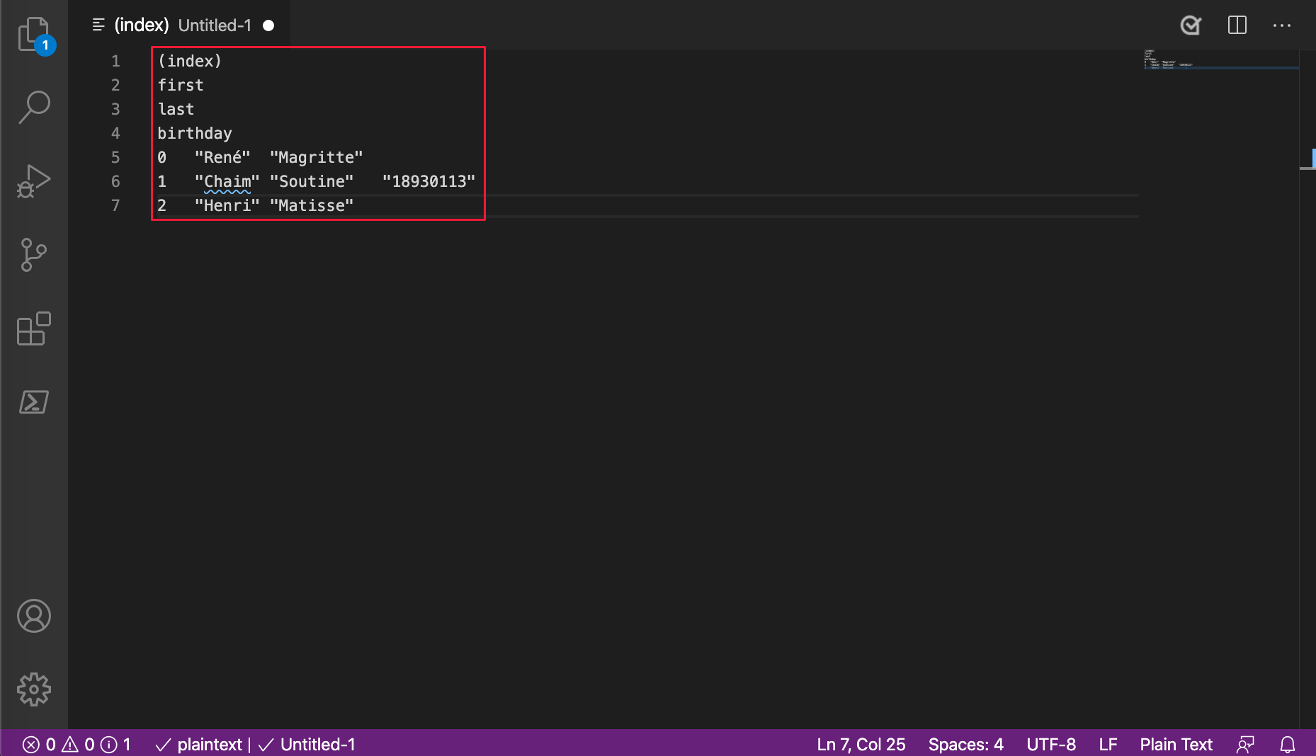 выходные данные API консоли table из Microsoft Edge 86 или более поздней версии, вставленные в Visual Studio Code