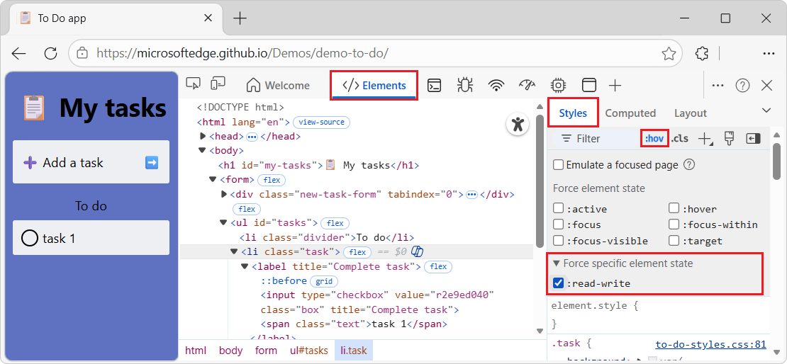 Раздел состояния элемента Force для элемента textarea