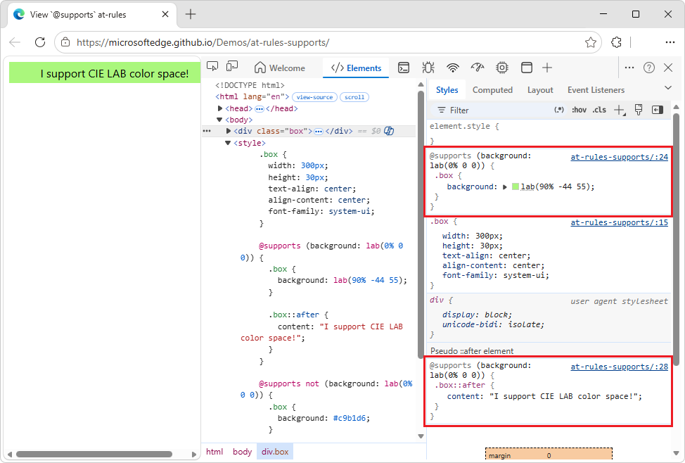 Результат HTML для at-supports at-rule