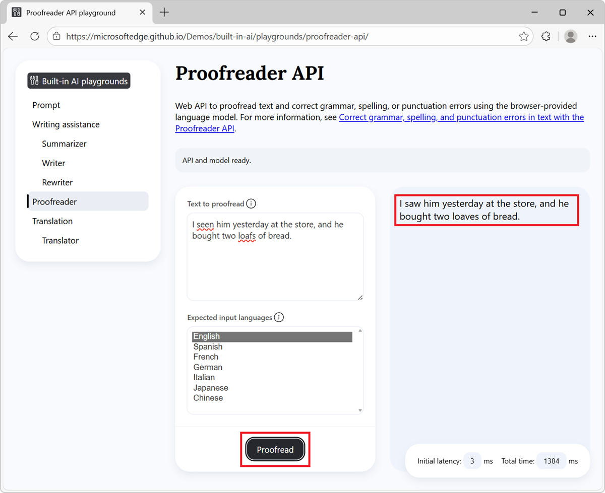 Демонстрационная страница Proofreader, содержащая параметры и кнопку Проверки правописания