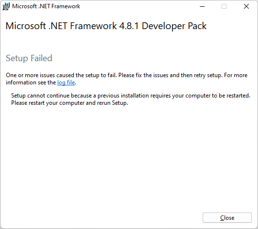 Перезапуск для установки платформа .NET Framework
