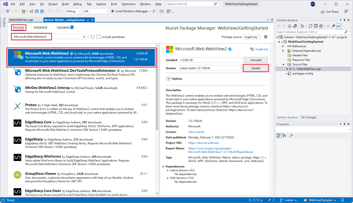 Выбор пакета Microsoft.Web.WebView2 в диспетчере пакетов NuGet в Visual Studio