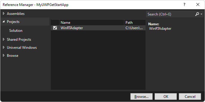 Флажок WinRTAdapter в диалоговом окне диспетчера ссылок для проекта main