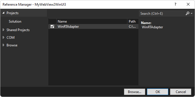 Добавление ссылки: флажок WinRTAdapter в диалоговом окне диспетчера ссылок для проекта WinUI 3