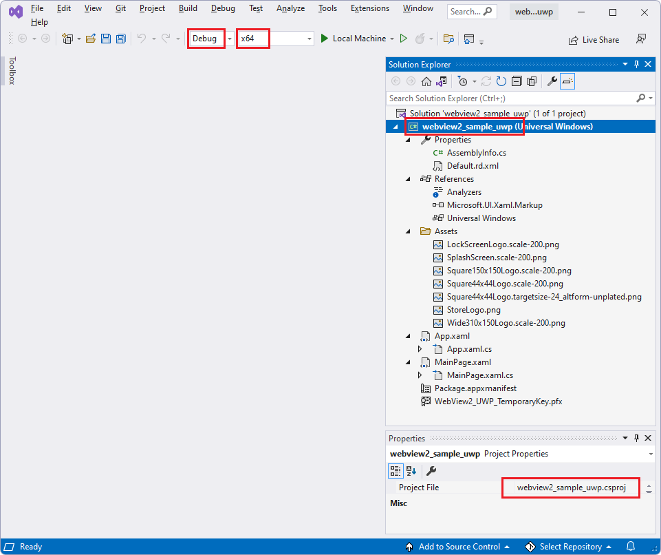 Задание целевого объекта сборки в верхней части Visual Studio