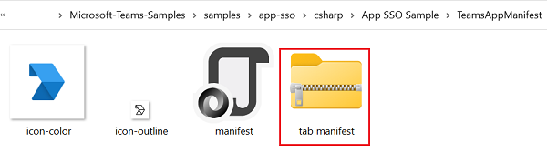 Снимок экрана: папка Manifest с zip-папкой манифеста tab, выделенной красным цветом.