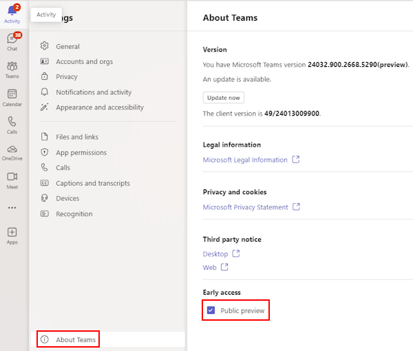 Снимок экрана: флажок Общедоступная предварительная версия в разделе О Teams в параметрах Teams.