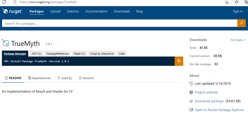 Снимок экрана: веб-страница nuget с подробными сведениями о пакете nuget.