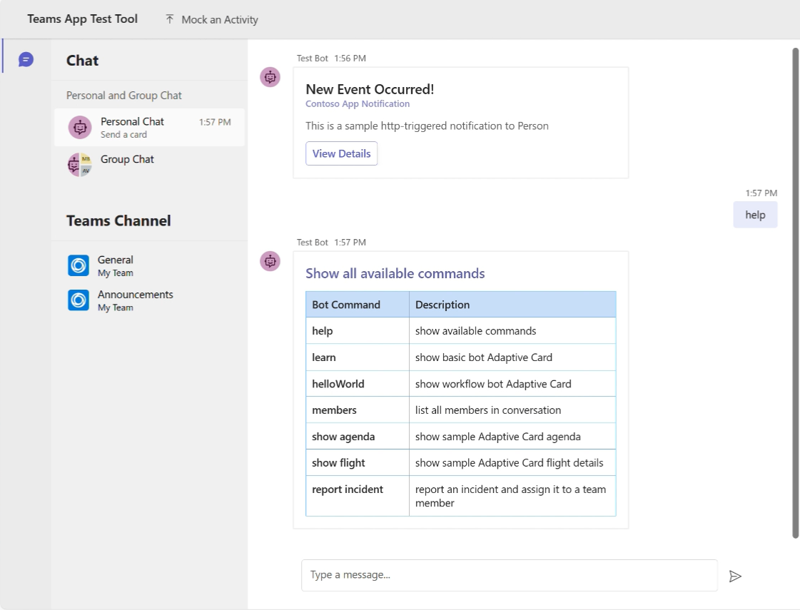 Отладка бота с помощью средства тестирования приложений Teams - Teams |  Microsoft Learn