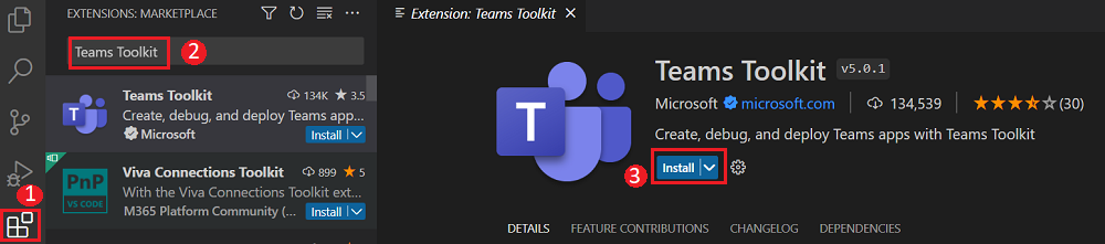 На рисунке показана установка расширения Teams Toolkit.