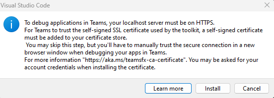 Снимок экрана: запрос на установку SSL-сертификата, чтобы разрешить Teams загружать приложение из localhost на Mac.