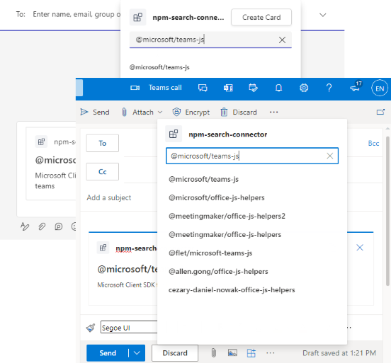 На снимке экрана показан пример расширения сообщений, запущенного в Outlook и Teams.