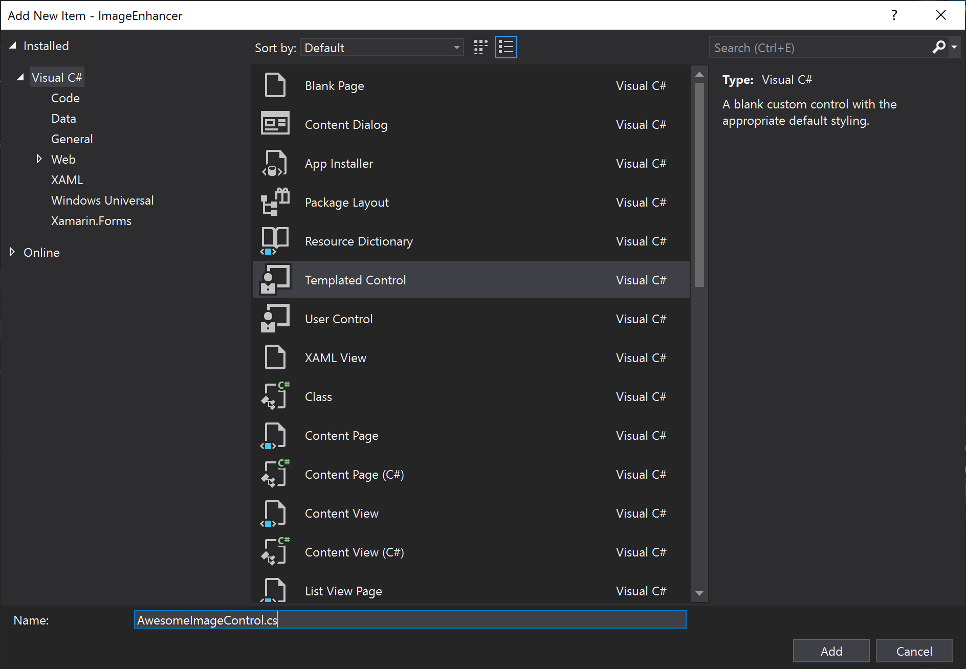 Adding a new XAML Templated Control item to the project