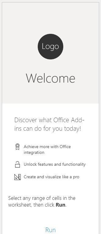 Пользовательский интерфейс области задач надстройки при первом запуске.
