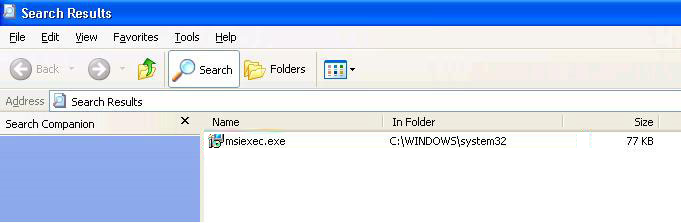 После завершения поиска запишите расположение файла Msiexec.exe.