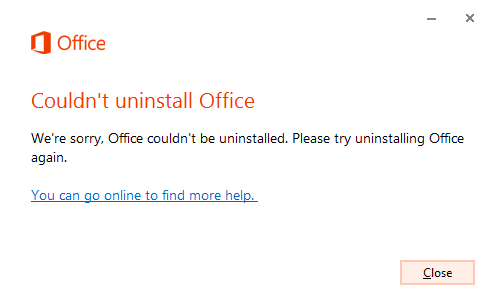 Снимок экрана: сообщение об ошибке, показывающее, что не удалось удалить Office.