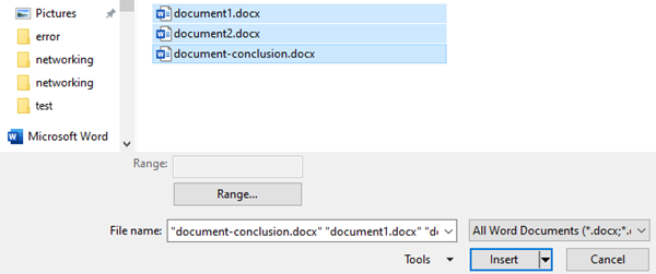 Снимок экрана с параметром «Вставка файлов».