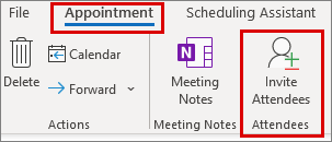 Снимок экрана, на котором отображается параметр «Пригласить участников» на вкладке «Встреча».
