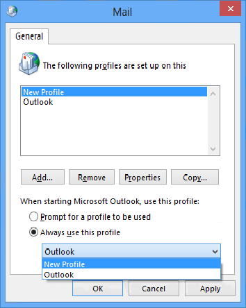 Снимок экрана окна «Почта» с выбранным параметром «Новый профиль» в разделе «Всегда использовать этот профиль».
