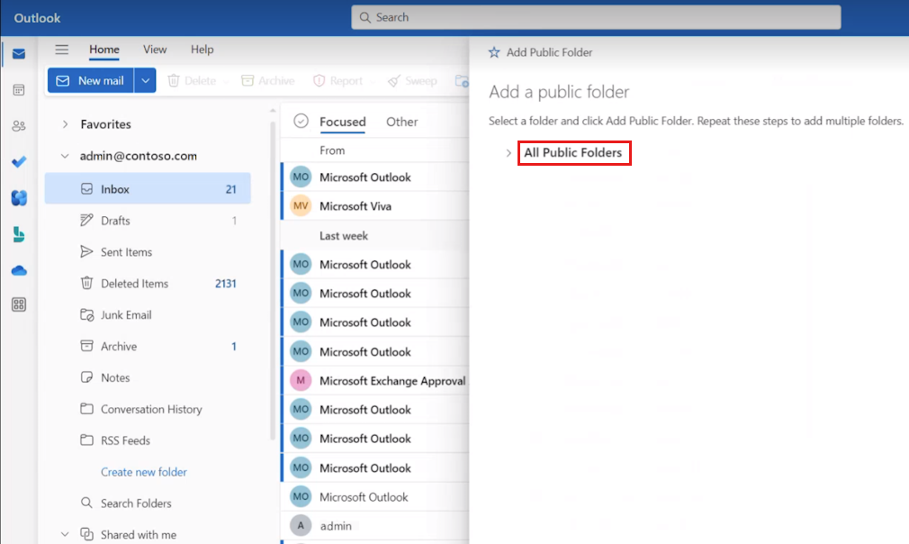 Снимок экрана: иерархия общедоступных папок в новом Outlook для Windows.