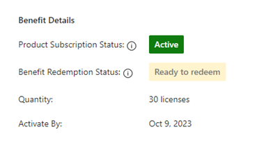 Screenshot of benefit details, with Product Subscription Status = Active.