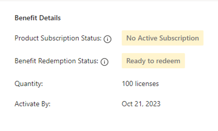 Screenshot of benefit details, with Product Subscription Status = No Active Subscription.